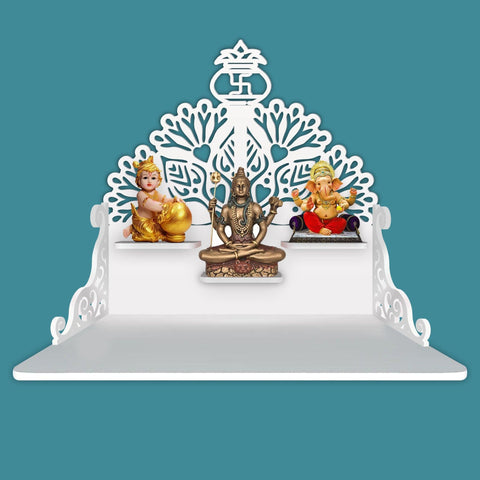 Swastika Kalash Symbol of Hindu Religious Wall Hanging Wooden Temple/ Pooja Mandir Design with Shelf, White Color - Decor Mantra 