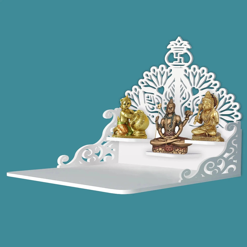 Swastika Kalash Symbol of Hindu Religious Wall Hanging Wooden Temple/ Pooja Mandir Design with Shelf, White Color - Decor Mantra 