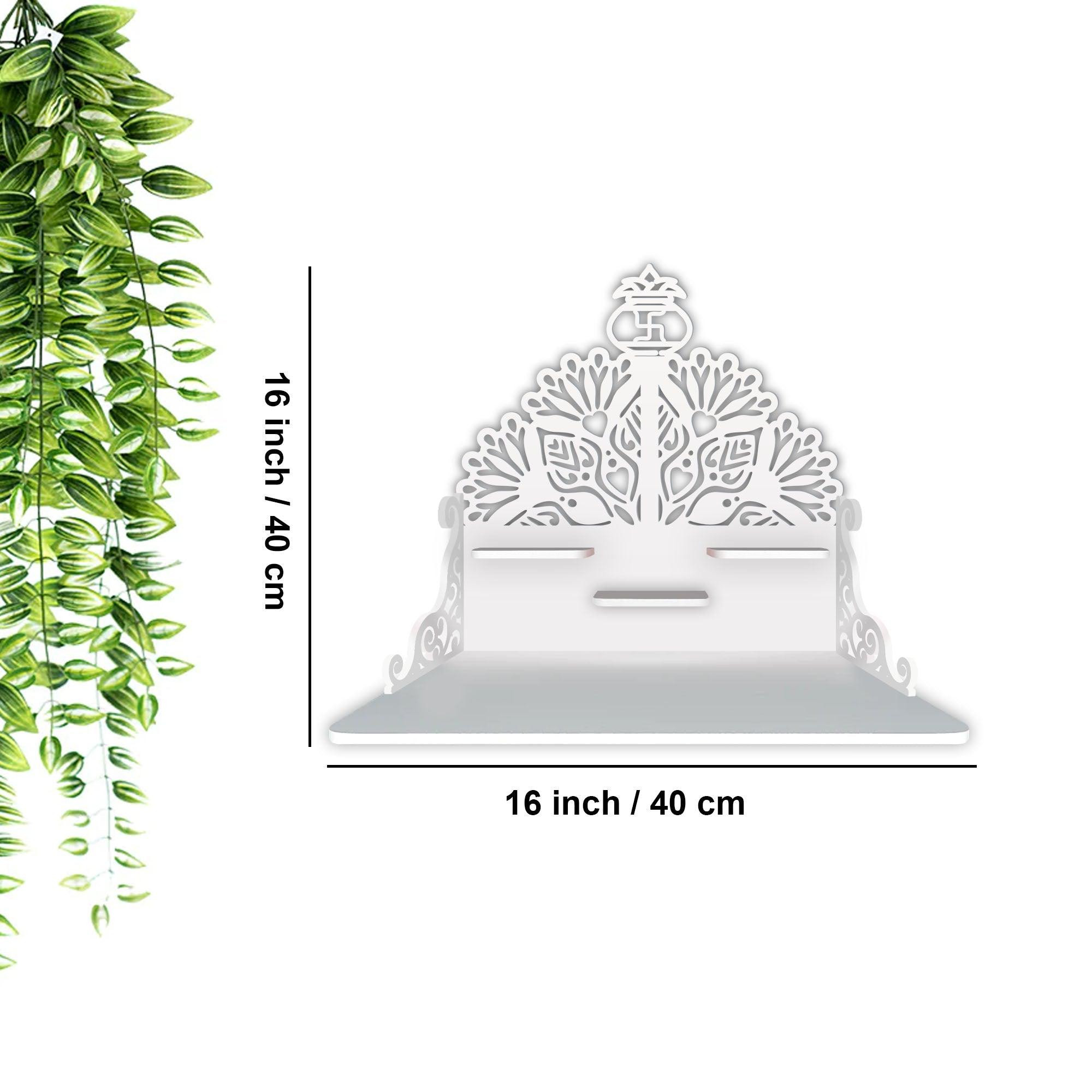 Swastika Kalash Symbol of Hindu Religious Wall Hanging Wooden Temple/ Pooja Mandir Design with Shelf, White Color - Decor Mantra 