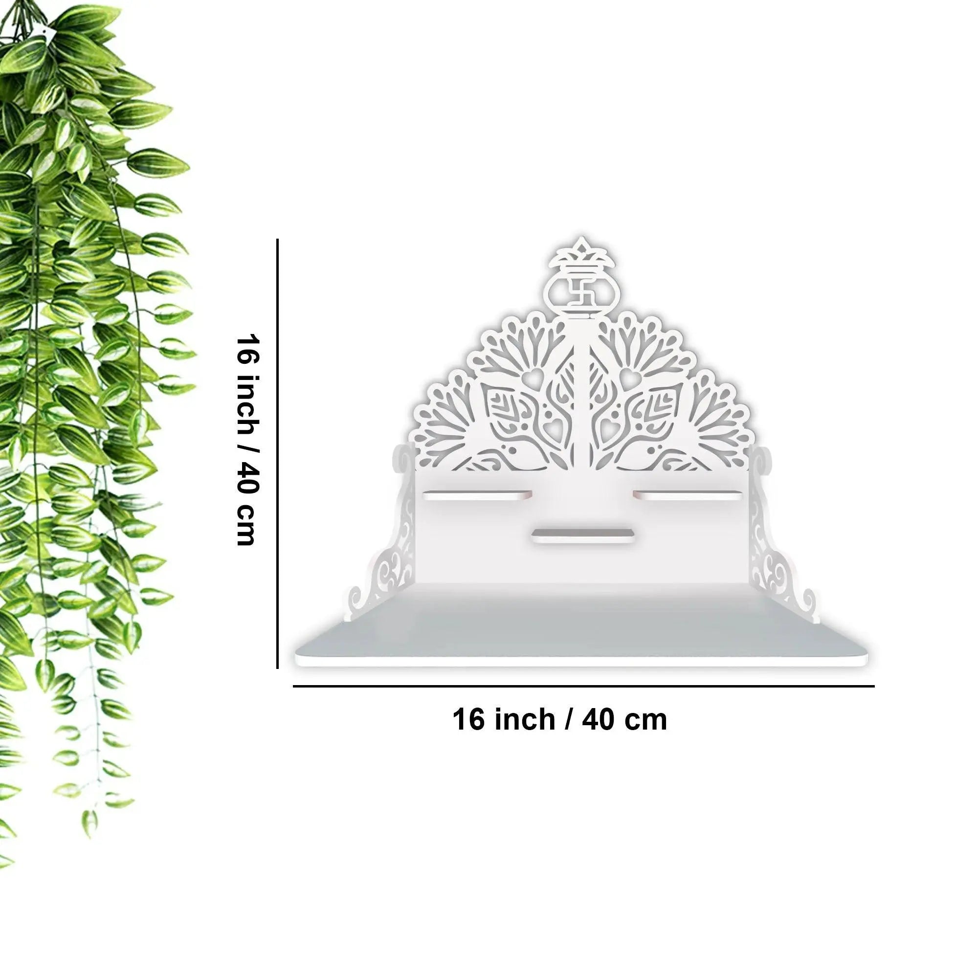 Swastika Kalash Symbol of Hindu Religious Wall Hanging Wooden Temple/ Pooja Mandir Design with Shelf, White Color - Decor Mantra 
