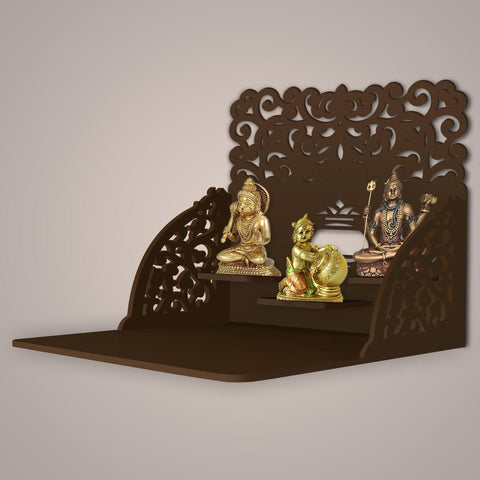 Aesthetic Designer Art Wall Hanging Wooden Temple/ Pooja Mandir Design with Shelf, Brown Color - Decor Mantra 