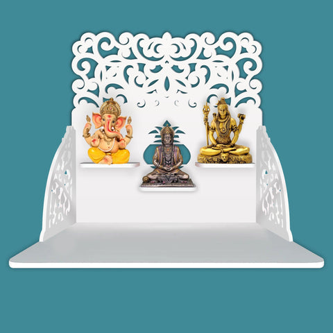 Aesthetic Designer Art Wall Hanging Wooden Temple/ Pooja Mandir Design with Shelf, White Color - Decor Mantra 