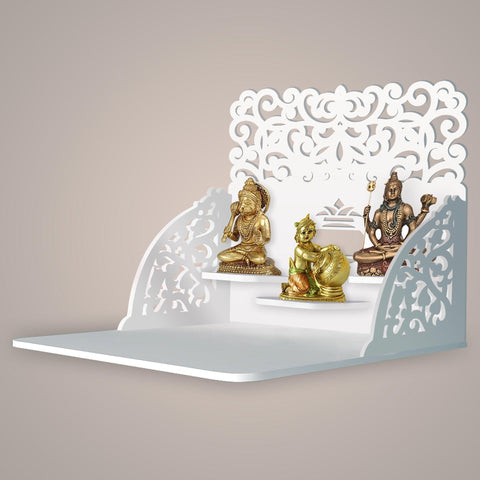 Aesthetic Designer Art Wall Hanging Wooden Temple/ Pooja Mandir Design with Shelf, White Color - Decor Mantra 