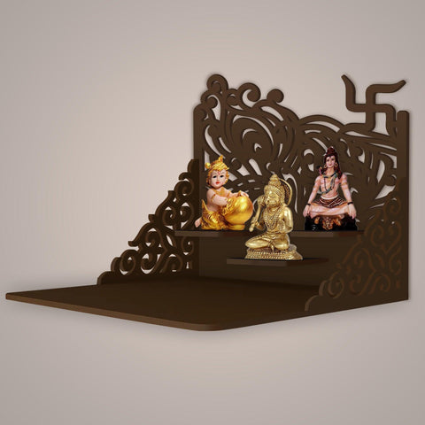 Swastika Symbol of Hindu Religious Wall Hanging Wooden Temple/ Pooja Mandir Design with Shelf, Brown Color - Decor Mantra 