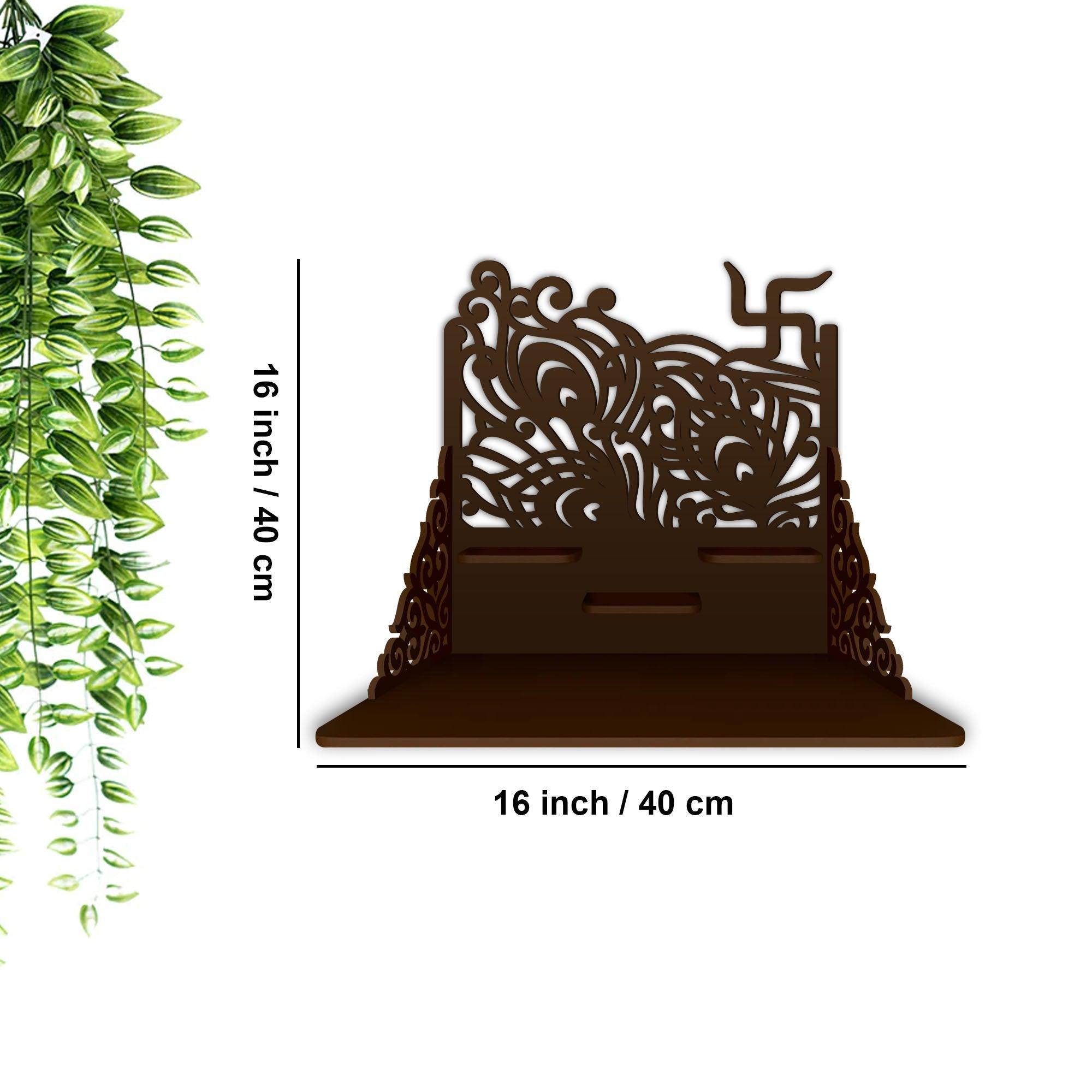 Swastika Symbol of Hindu Religious Wall Hanging Wooden Temple/ Pooja Mandir Design with Shelf, Brown Color - Decor Mantra 