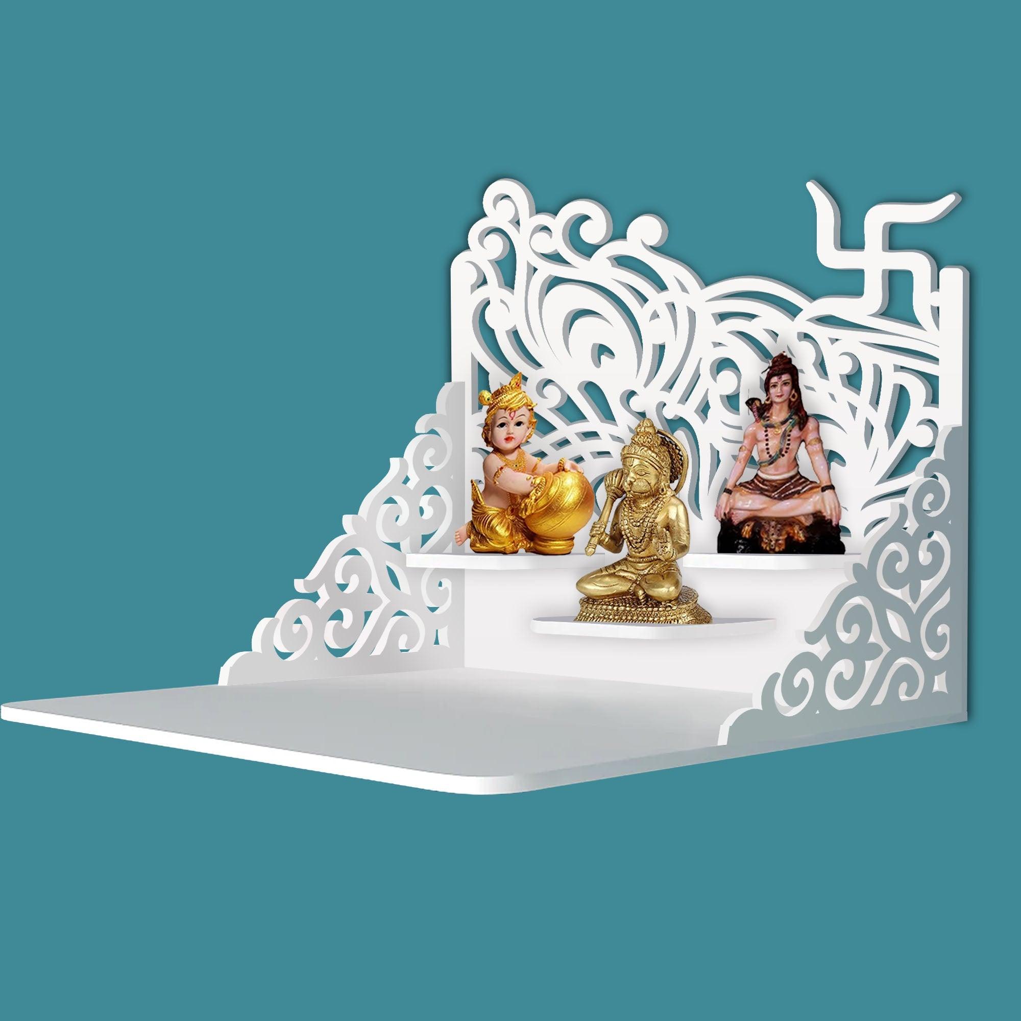 Swastika Symbol of Hindu Religious Wall Hanging Wooden Temple/ Pooja Mandir Design with Shelf, White Color - Decor Mantra 