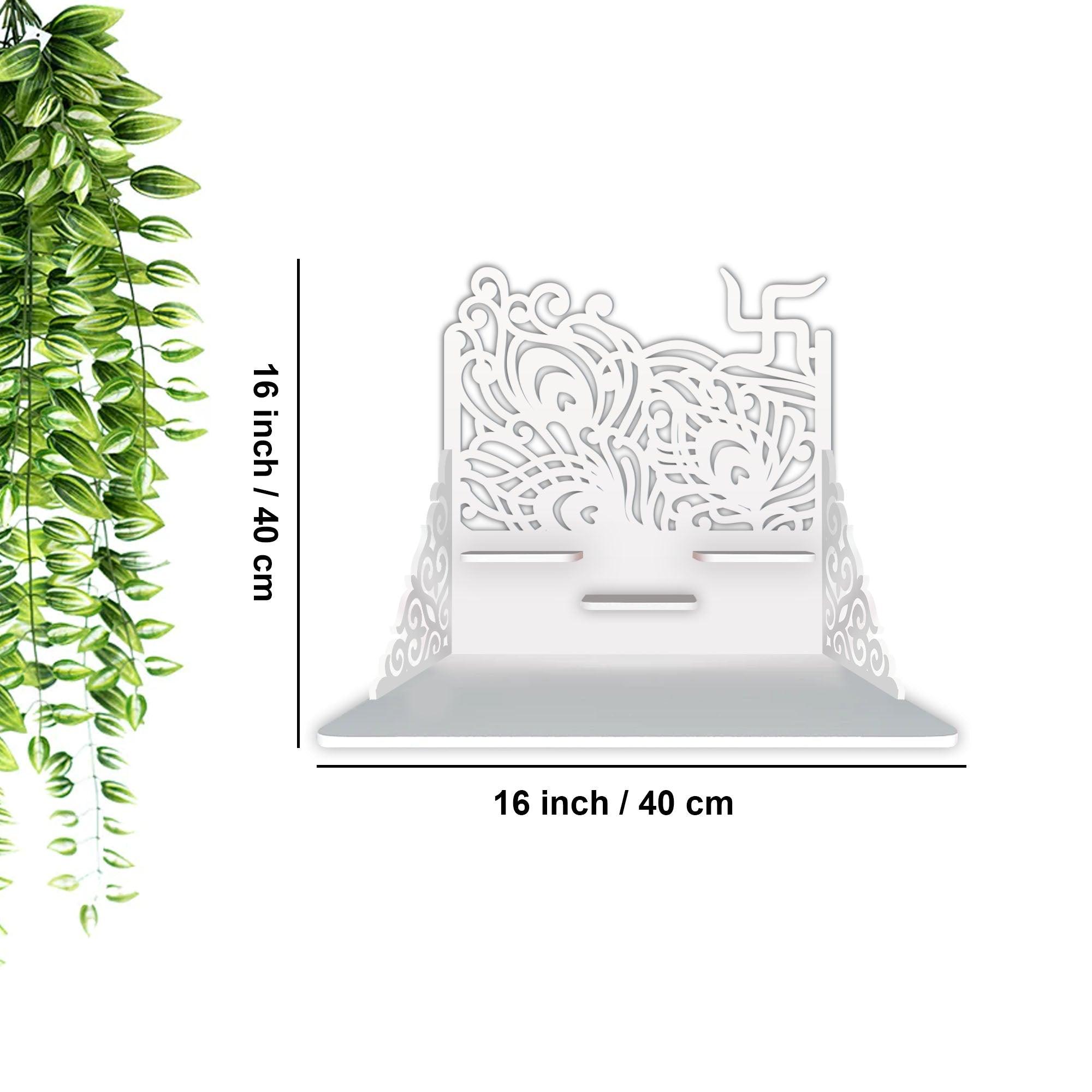 Swastika Symbol of Hindu Religious Wall Hanging Wooden Temple/ Pooja Mandir Design with Shelf, White Color - Decor Mantra 