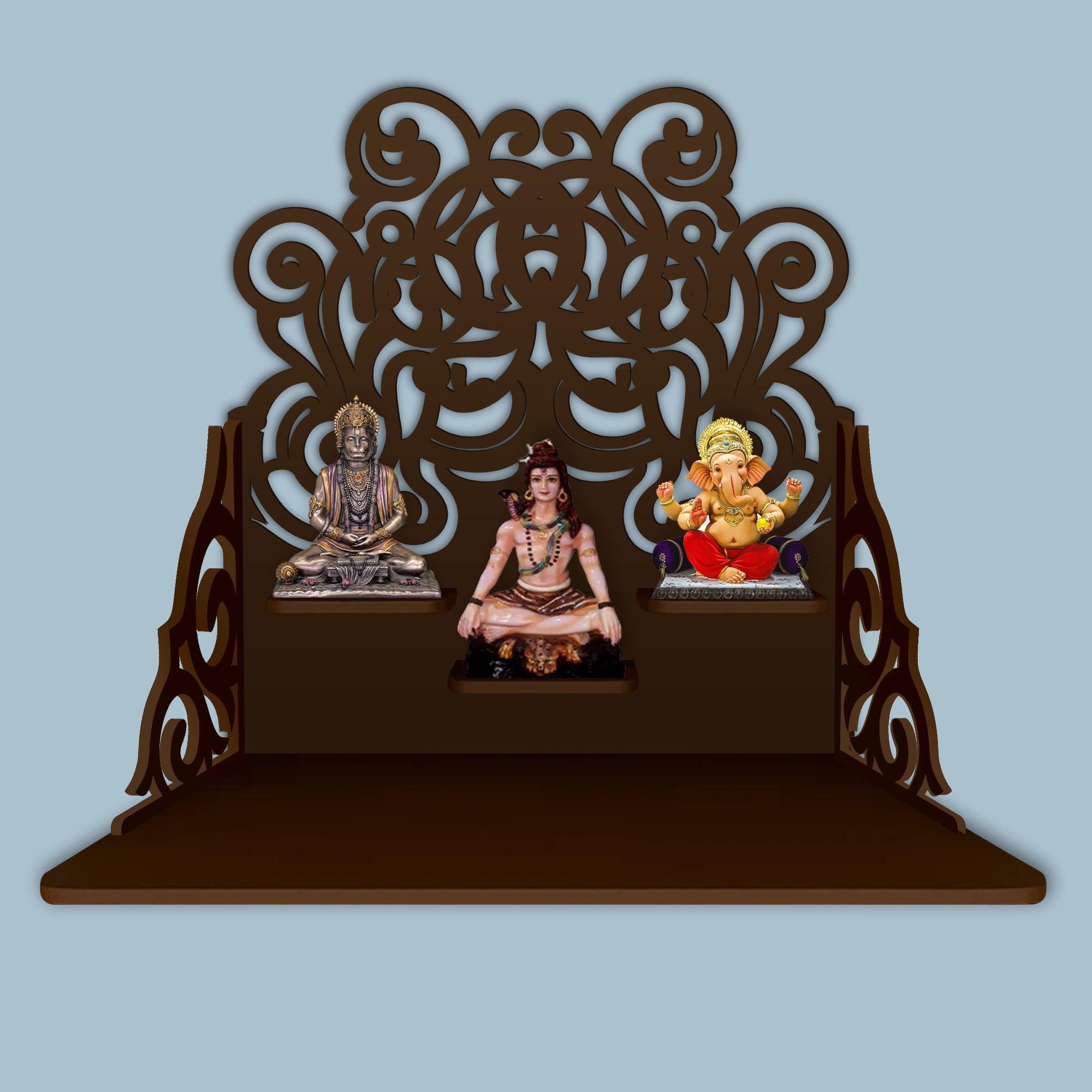Beautiful Floral Pattern Wall Hanging Wooden Temple/ Pooja Mandir Design with Shelf, Brown Color - Decor Mantra 