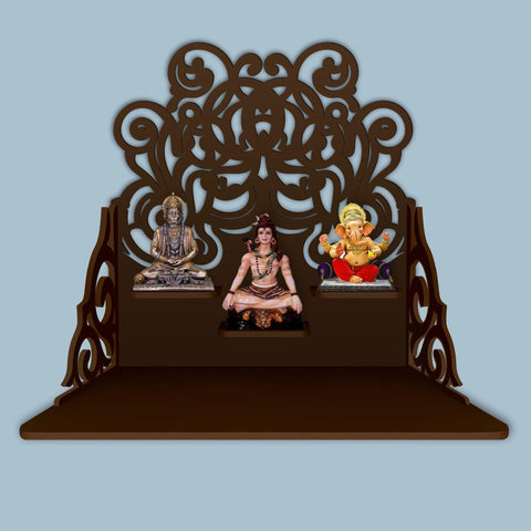 Beautiful Floral Pattern Wall Hanging Wooden Temple/ Pooja Mandir Design with Shelf, Brown Color - Decor Mantra 