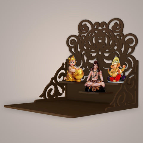 Beautiful Floral Pattern Wall Hanging Wooden Temple/ Pooja Mandir Design with Shelf, Brown Color - Decor Mantra 