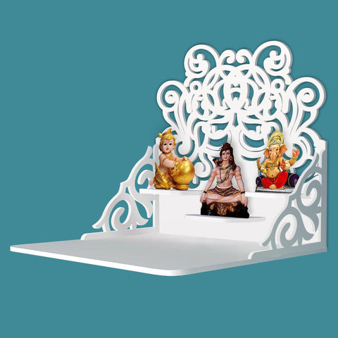 Beautiful Floral Pattern Wall Hanging Wooden Temple/ Pooja Mandir Design with Shelf, White Color - Decor Mantra 