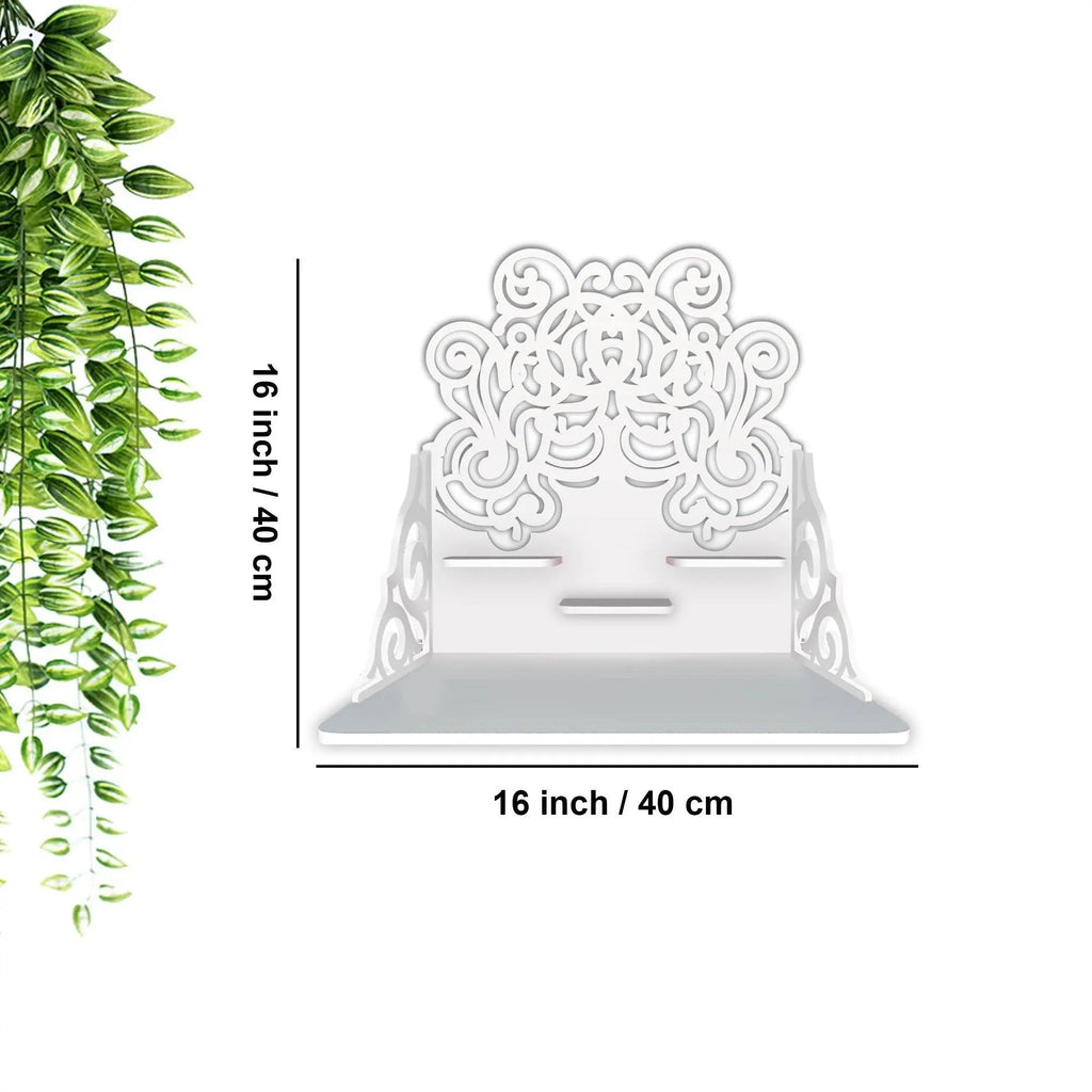 Beautiful Floral Pattern Wall Hanging Wooden Temple/ Pooja Mandir Design with Shelf, White Color - Decor Mantra 