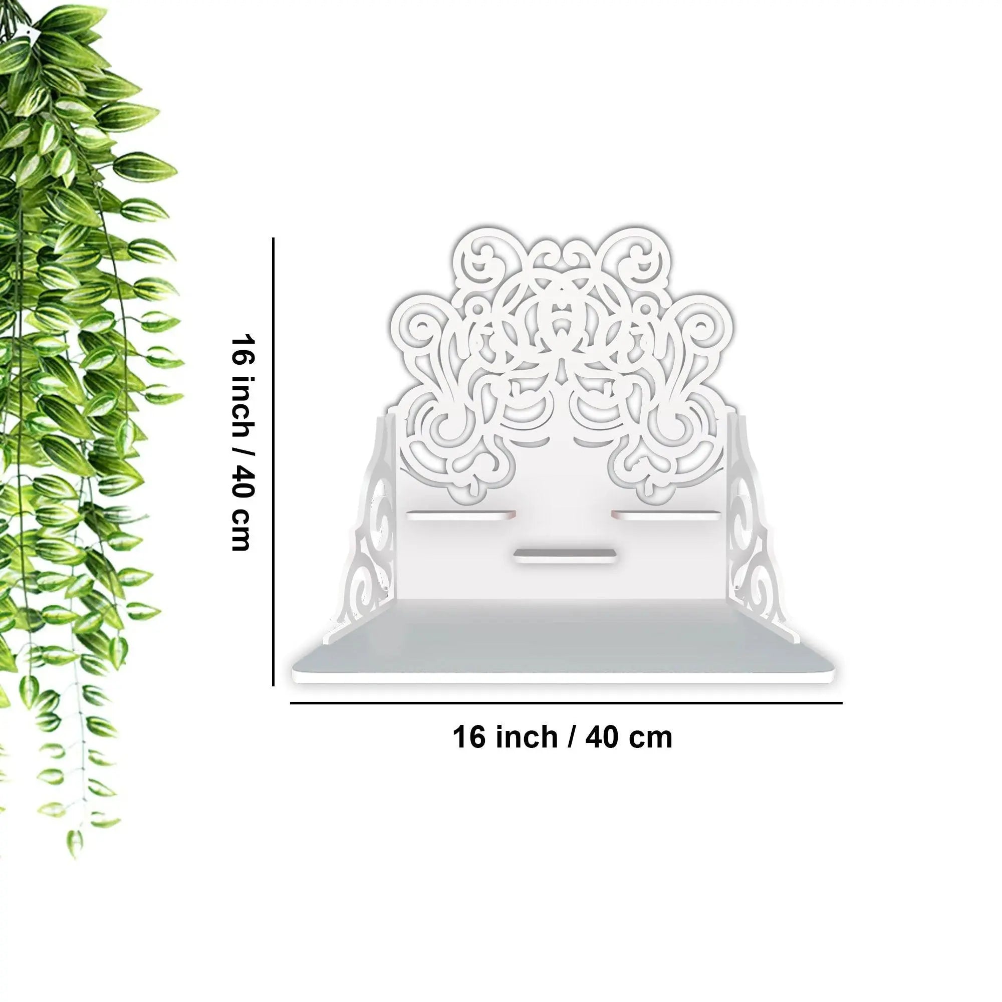 Beautiful Floral Pattern Wall Hanging Wooden Temple/ Pooja Mandir Design with Shelf, White Color - Decor Mantra 