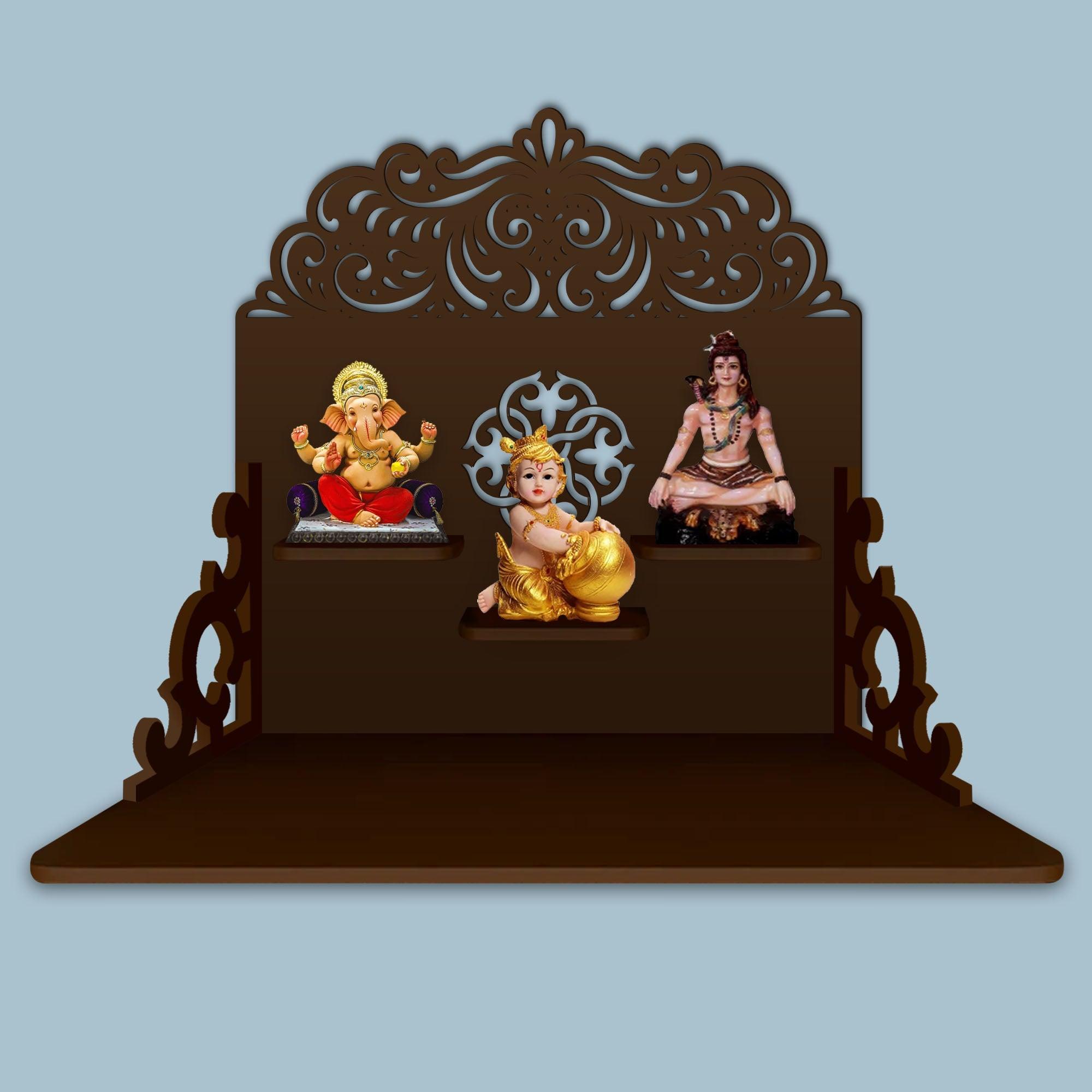 Designer Aesthetic Pattern Wall Hanging Wooden Temple/ Pooja Mandir Design with Shelf, Brown Color - Decor Mantra 