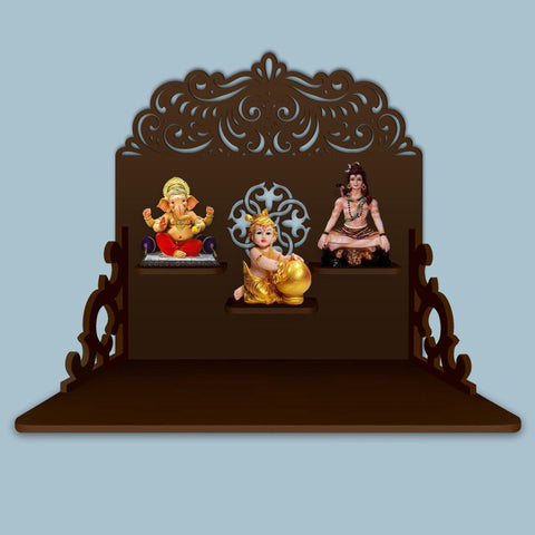 Designer Aesthetic Pattern Wall Hanging Wooden Temple/ Pooja Mandir Design with Shelf, Brown Color - Decor Mantra 