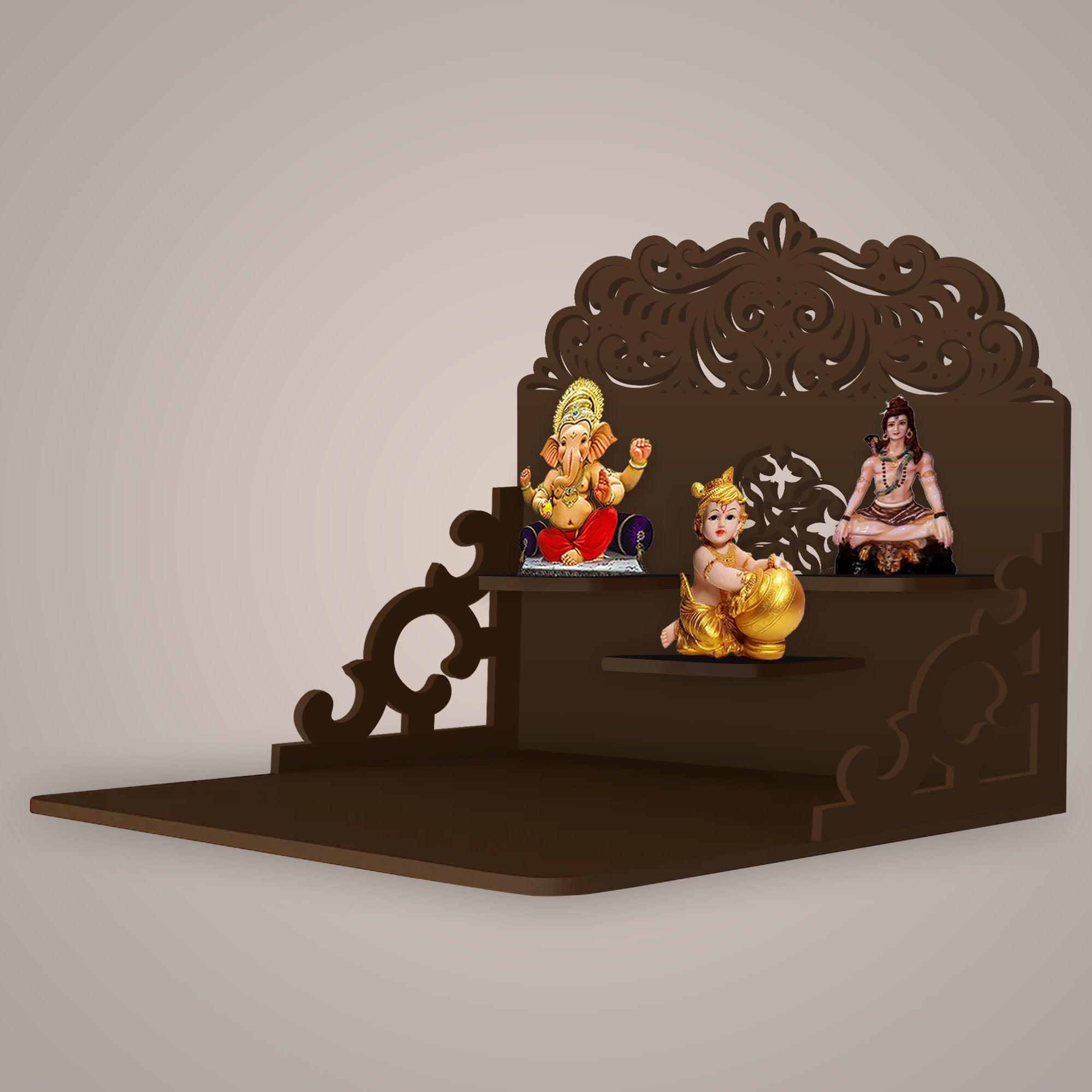 Designer Aesthetic Pattern Wall Hanging Wooden Temple/ Pooja Mandir Design with Shelf, Brown Color - Decor Mantra 