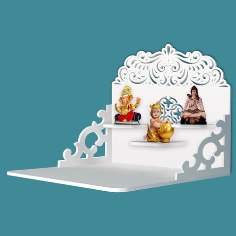 Designer Aesthetic Pattern Wall Hanging Wooden Temple/ Pooja Mandir Design with Shelf, White Color - Decor Mantra 