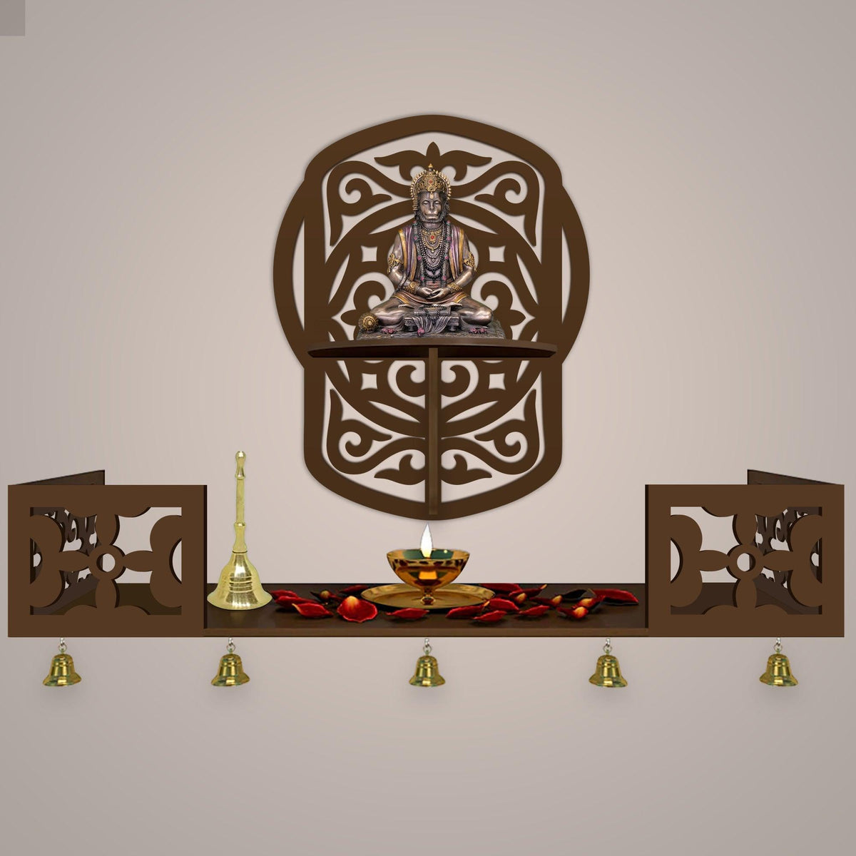 Unique Modern Designer Beautiful Wall Hanging Wooden Temple/ Pooja Mandir Design with Shelf, Brown Color - Decor Mantra 