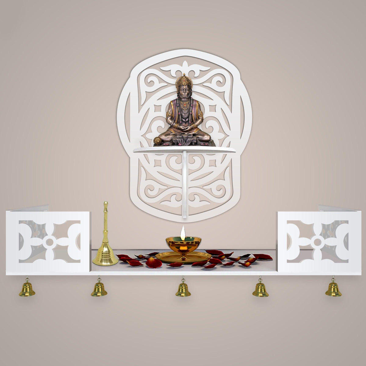 Unique Modern Designer Beautiful Wall Hanging Wooden Temple/ Pooja Mandir Design with Shelf, White Color - Decor Mantra 