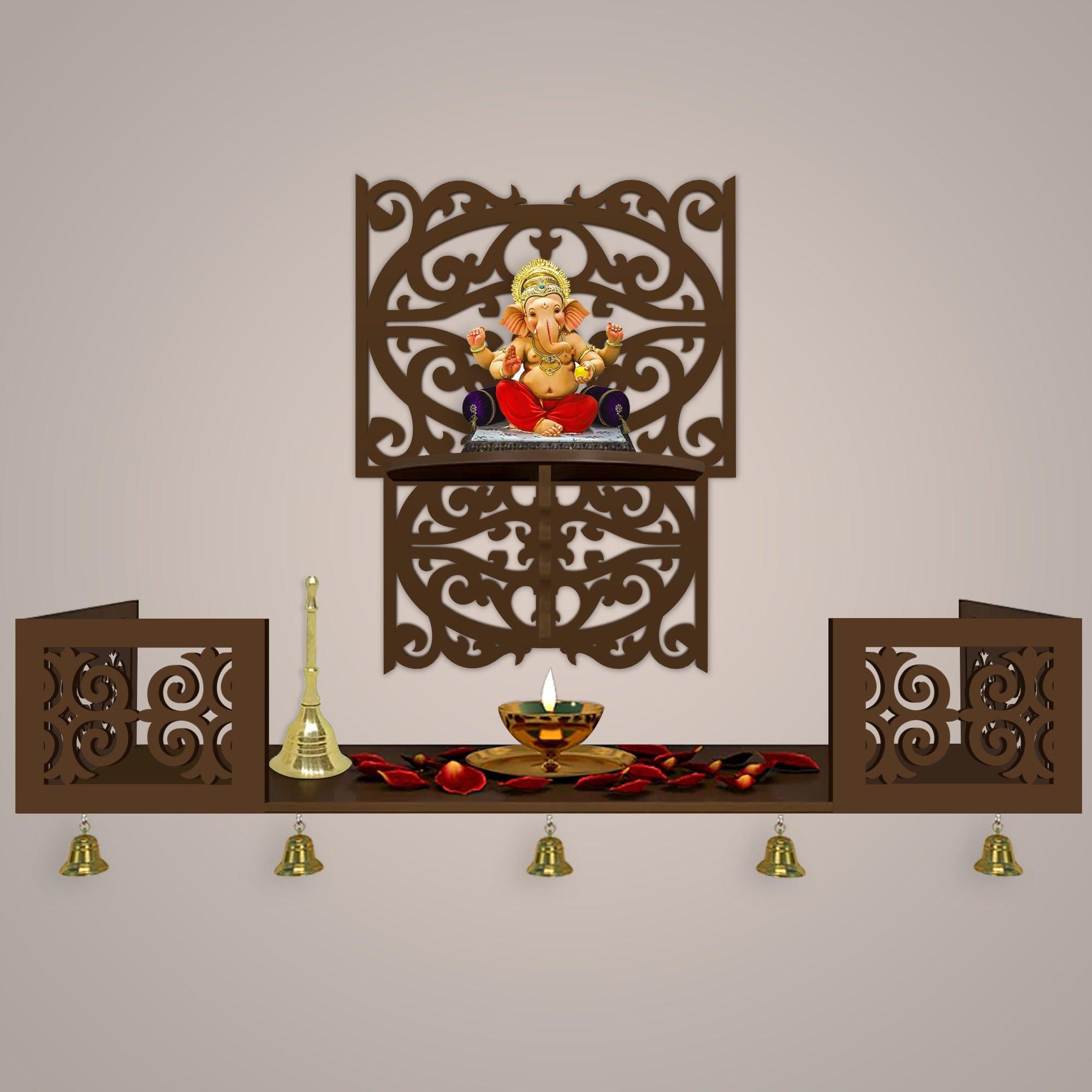 Aesthetic Pattern Designer Square Shaped Wall Hanging Wooden Temple/ Pooja Mandir Design with Shelf, Brown Color - Decor Mantra 