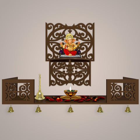 Aesthetic Pattern Designer Square Shaped Wall Hanging Wooden Temple/ Pooja Mandir Design with Shelf, Brown Color - Decor Mantra 