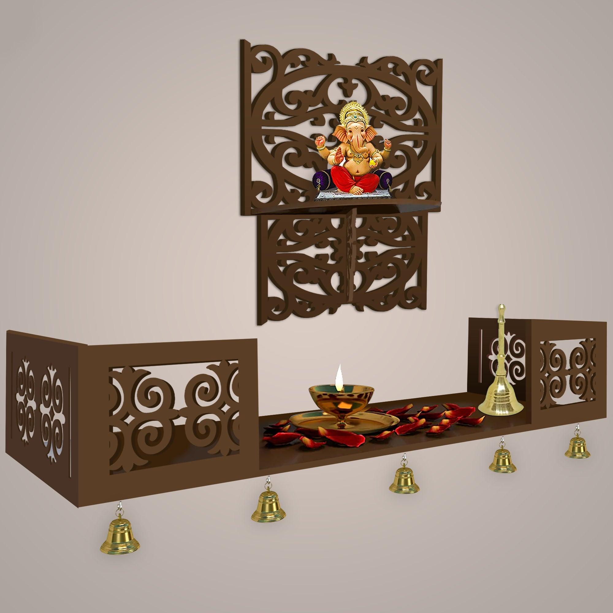 Aesthetic Pattern Designer Square Shaped Wall Hanging Wooden Temple/ Pooja Mandir Design with Shelf, Brown Color - Decor Mantra 