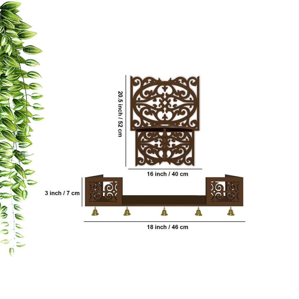 Aesthetic Pattern Designer Square Shaped Wall Hanging Wooden Temple/ Pooja Mandir Design with Shelf, Brown Color - Decor Mantra 