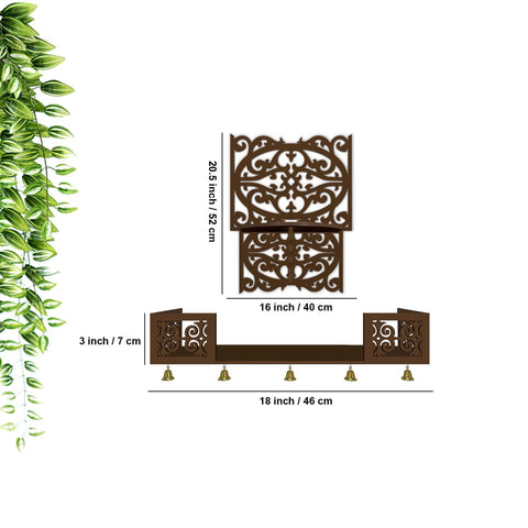 Aesthetic Pattern Designer Square Shaped Wall Hanging Wooden Temple/ Pooja Mandir Design with Shelf, Brown Color - Decor Mantra 