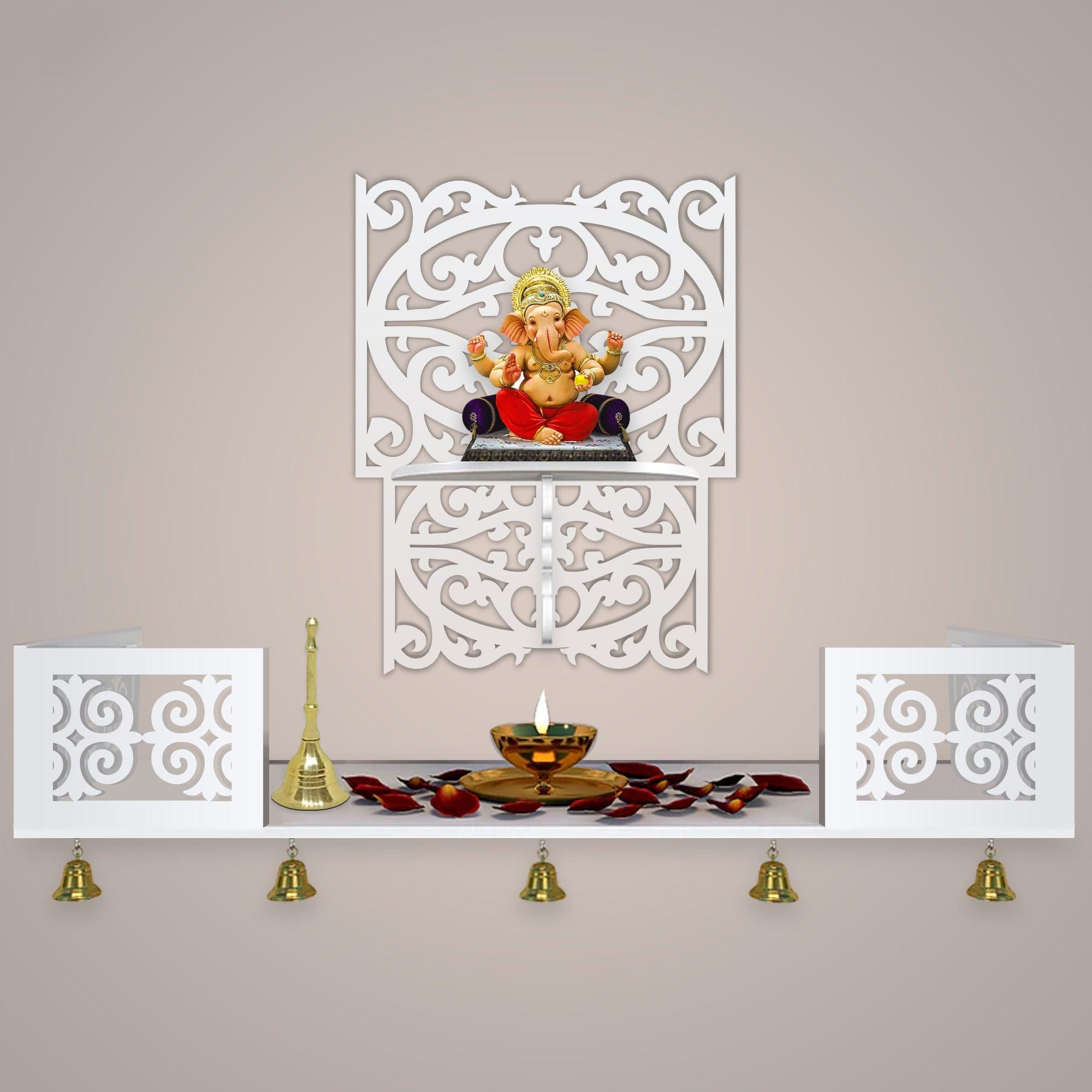 Aesthetic Pattern Designer Square Shaped Wall Hanging Wooden Temple/ Pooja Mandir Design with Shelf, White Color - Decor Mantra 