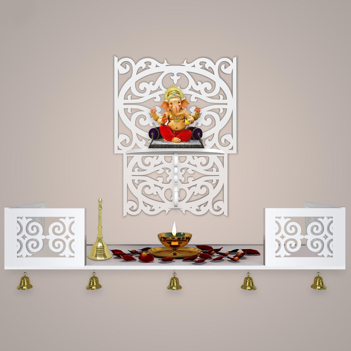 Aesthetic Pattern Designer Square Shaped Wall Hanging Wooden Temple/ Pooja Mandir Design with Shelf, White Color - Decor Mantra 