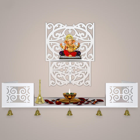 Aesthetic Pattern Designer Square Shaped Wall Hanging Wooden Temple/ Pooja Mandir Design with Shelf, White Color - Decor Mantra 