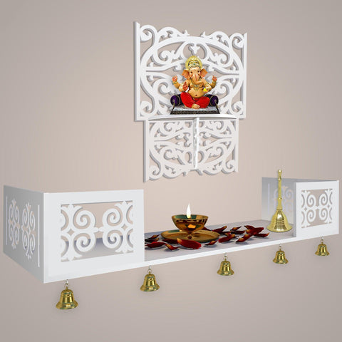 Aesthetic Pattern Designer Square Shaped Wall Hanging Wooden Temple/ Pooja Mandir Design with Shelf, White Color - Decor Mantra 