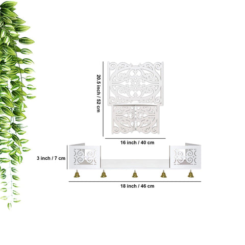 Aesthetic Pattern Designer Square Shaped Wall Hanging Wooden Temple/ Pooja Mandir Design with Shelf, White Color - Decor Mantra 