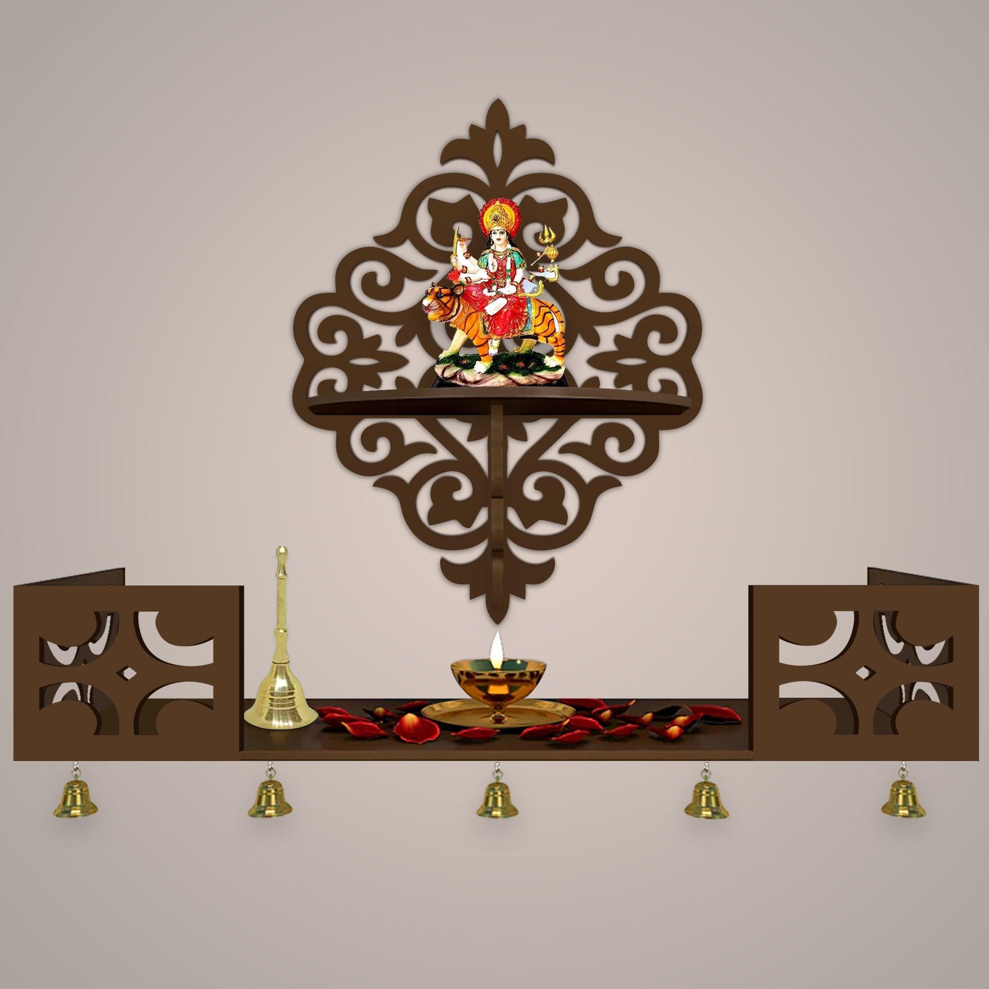 Modern Designer Pattern Wall Hanging Wooden Temple/ Pooja Mandir Design with Shelf, Brown Color - Decor Mantra 