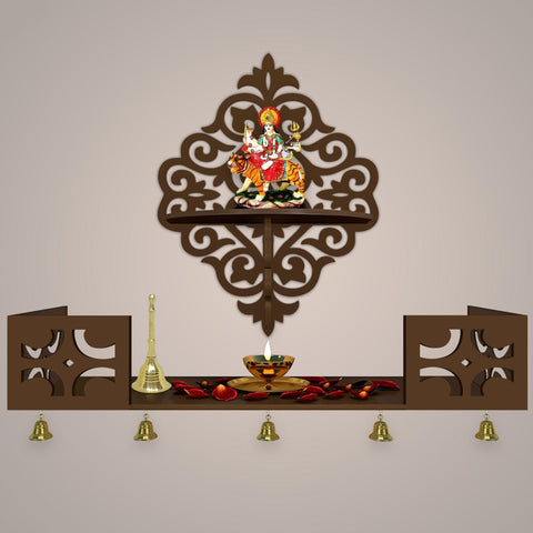 Modern Designer Pattern Wall Hanging Wooden Temple/ Pooja Mandir Design with Shelf, Brown Color - Decor Mantra 