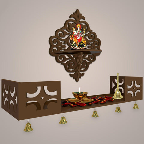 Modern Designer Pattern Wall Hanging Wooden Temple/ Pooja Mandir Design with Shelf, Brown Color - Decor Mantra 