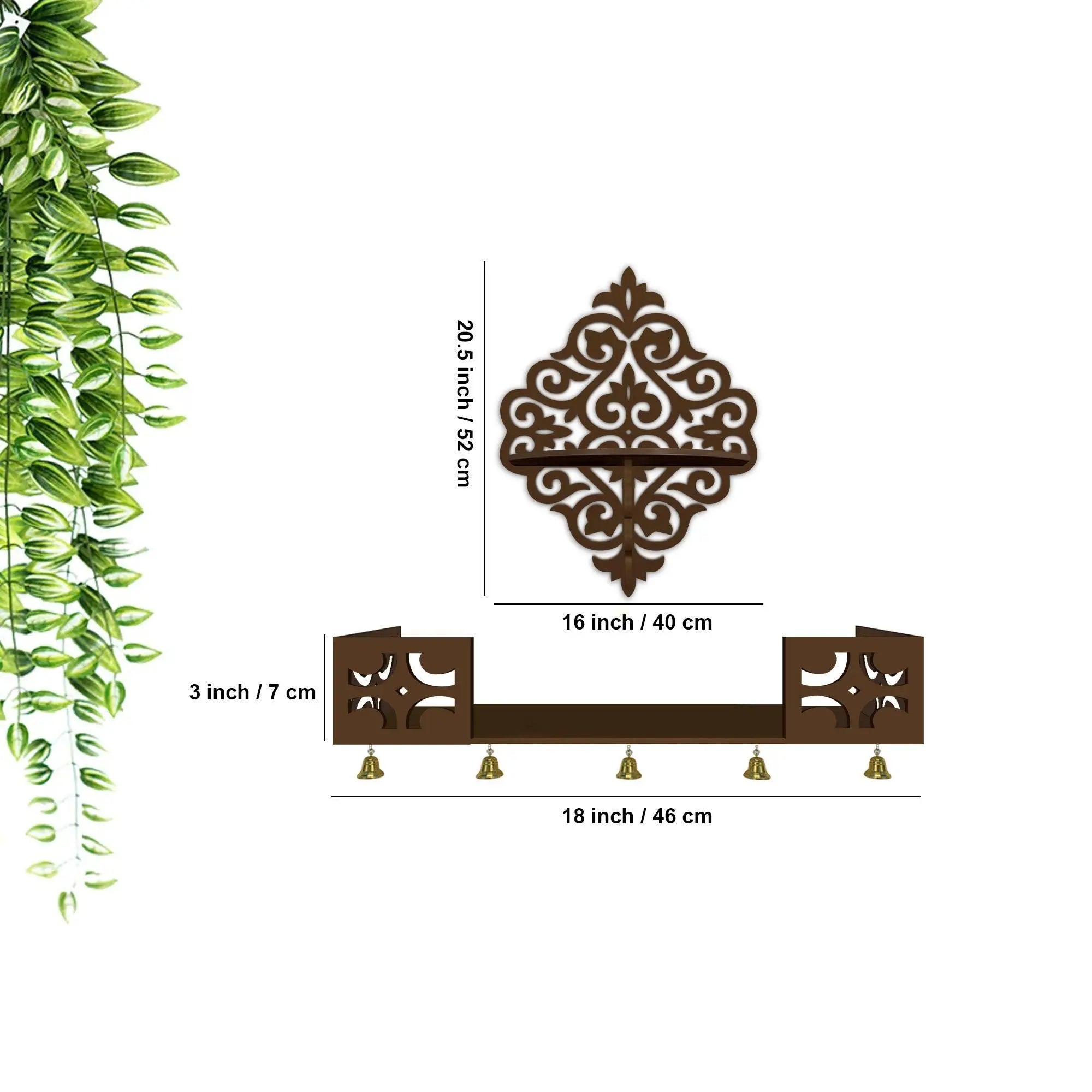 Modern Designer Pattern Wall Hanging Wooden Temple/ Pooja Mandir Design with Shelf, Brown Color - Decor Mantra 