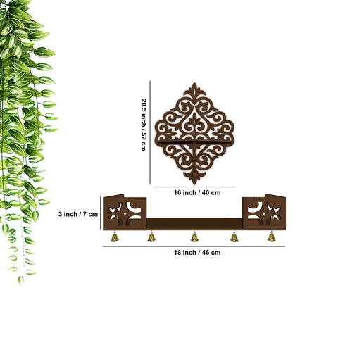 Modern Designer Pattern Wall Hanging Wooden Temple/ Pooja Mandir Design with Shelf, Brown Color - Decor Mantra 