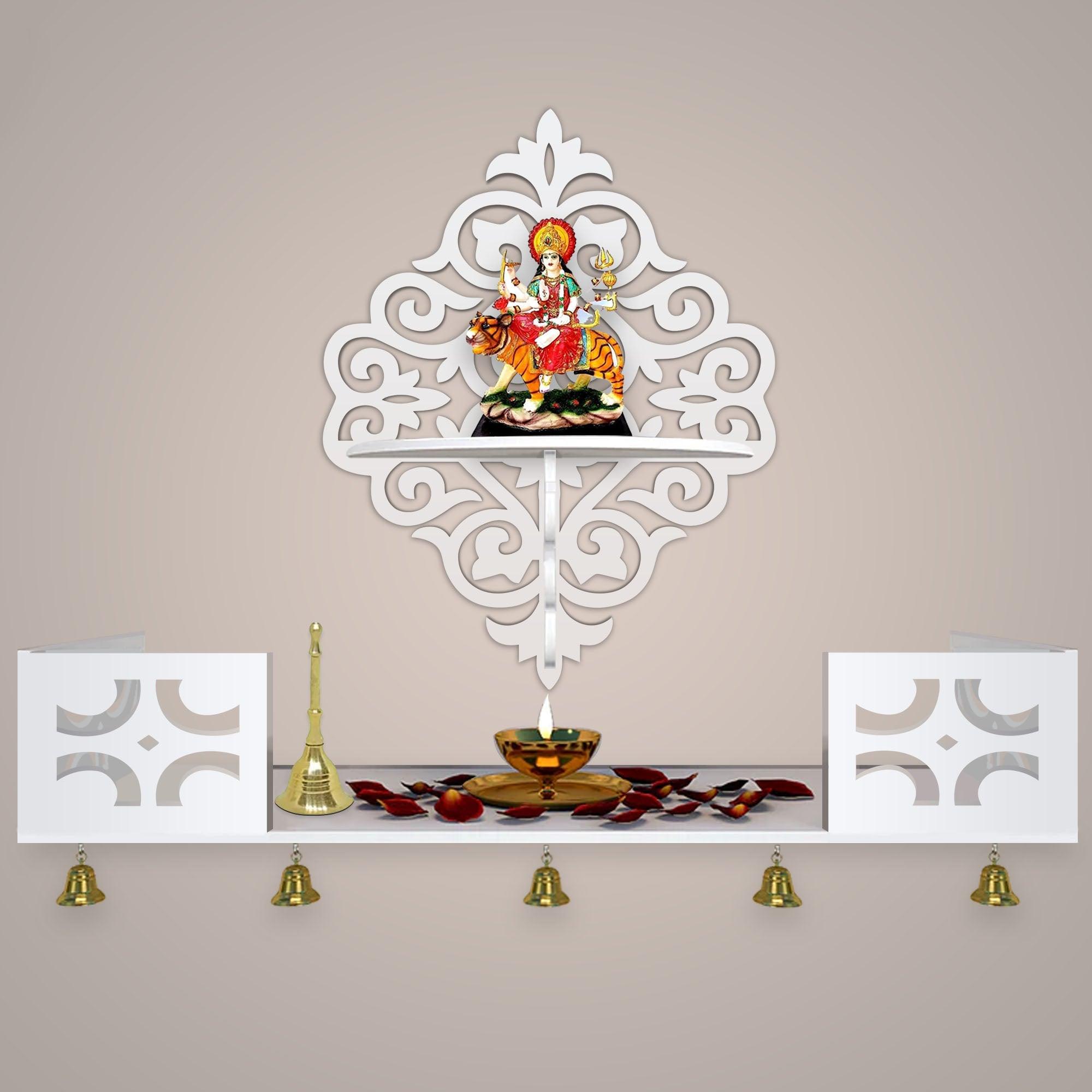 Modern Designer Pattern Wall Hanging Wooden Temple/ Pooja Mandir Design with Shelf, White Color - Decor Mantra 