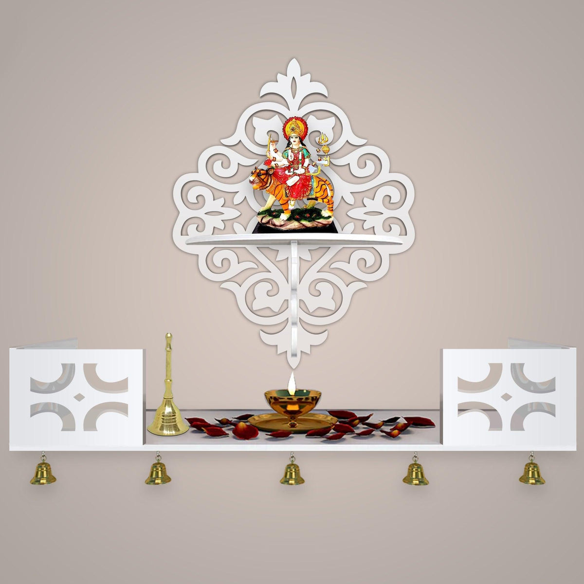 Modern Designer Pattern Wall Hanging Wooden Temple/ Pooja Mandir Design with Shelf, White Color - Decor Mantra 