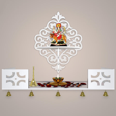 Modern Designer Pattern Wall Hanging Wooden Temple/ Pooja Mandir Design with Shelf, White Color - Decor Mantra 