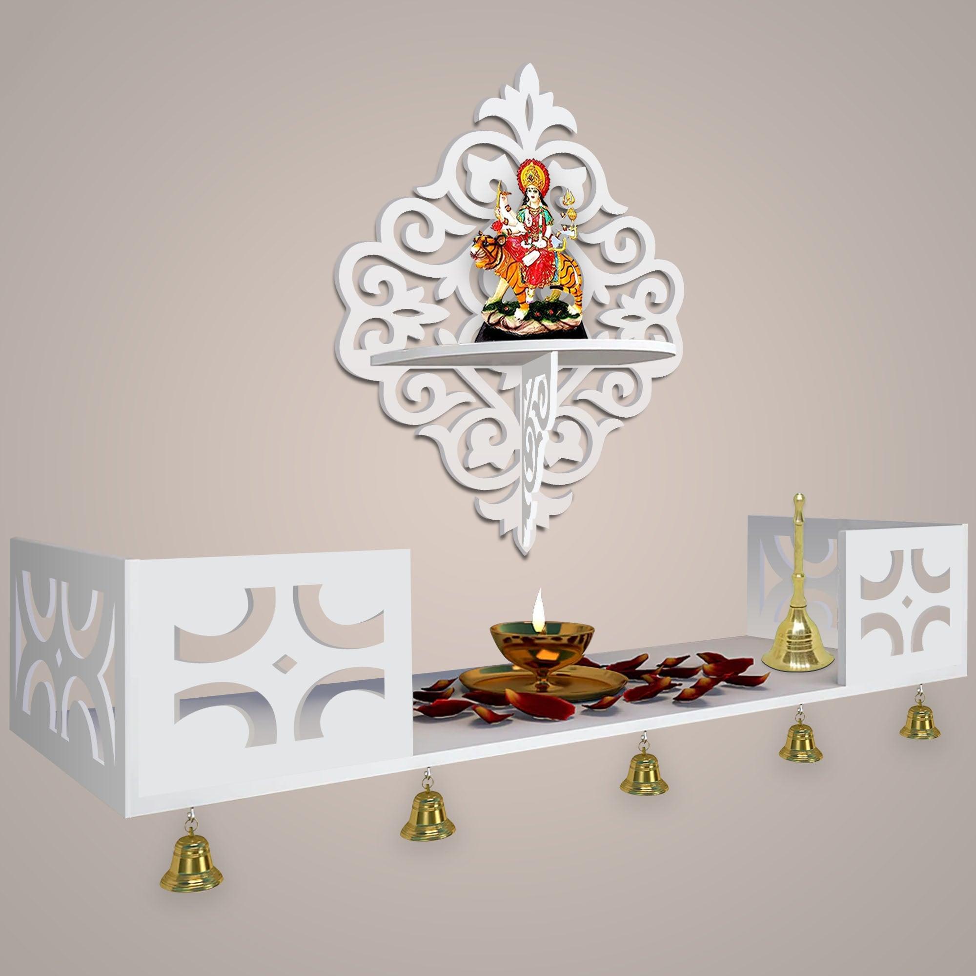 Modern Designer Pattern Wall Hanging Wooden Temple/ Pooja Mandir Design with Shelf, White Color - Decor Mantra 