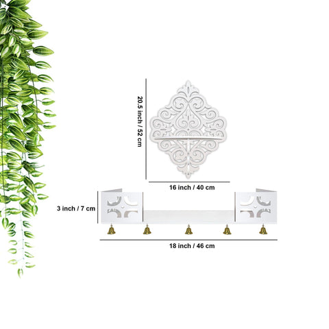 Modern Designer Pattern Wall Hanging Wooden Temple/ Pooja Mandir Design with Shelf, White Color - Decor Mantra 