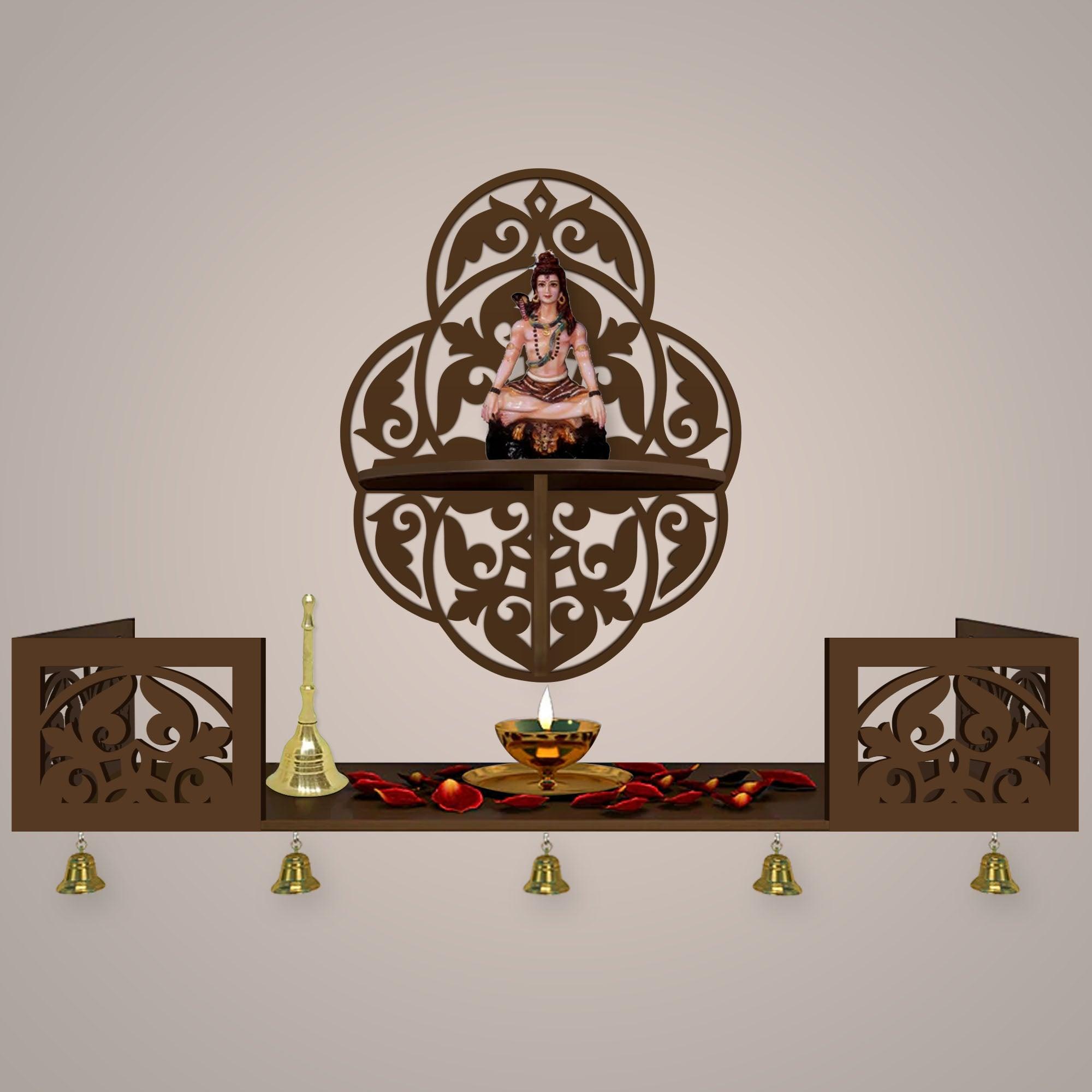 Beautiful Designer Pattern Wall Hanging Wooden Temple/ Pooja Mandir Design with Shelf, Brown Color - Decor Mantra 