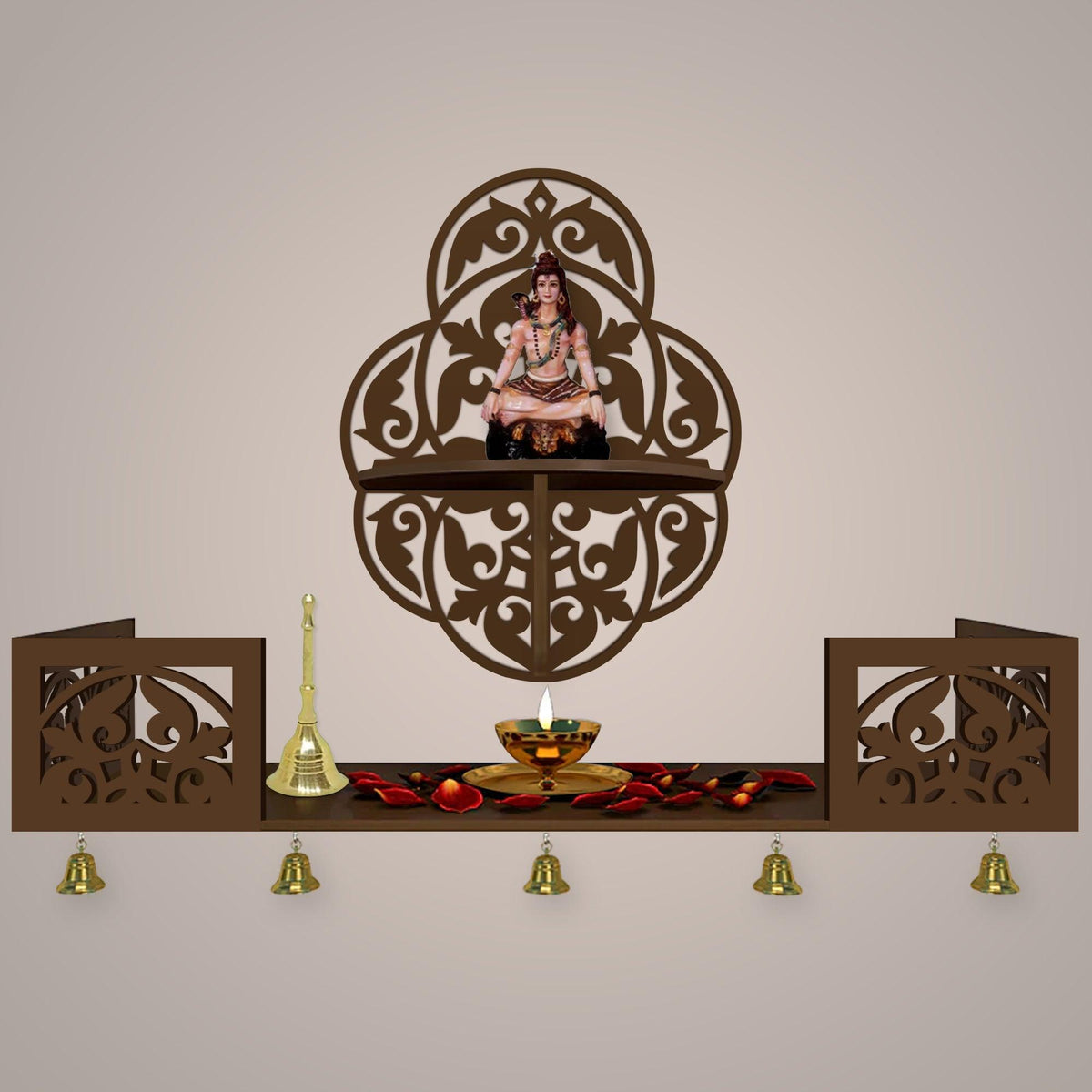 Beautiful Designer Pattern Wall Hanging Wooden Temple/ Pooja Mandir Design with Shelf, Brown Color - Decor Mantra 