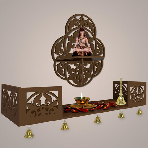 Beautiful Designer Pattern Wall Hanging Wooden Temple/ Pooja Mandir Design with Shelf, Brown Color - Decor Mantra 