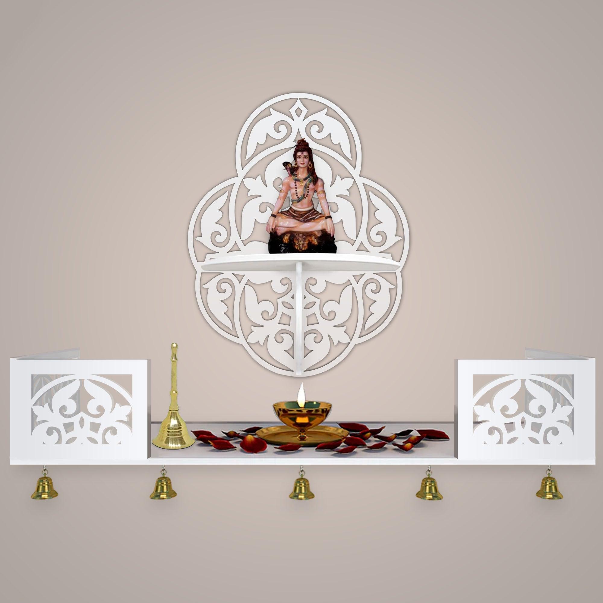 Beautiful Designer Pattern Wall Hanging Wooden Temple/ Pooja Mandir Design with Shelf, White Color - Decor Mantra 