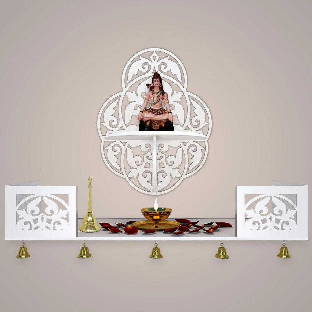 Beautiful Designer Pattern Wall Hanging Wooden Temple/ Pooja Mandir Design with Shelf, White Color - Decor Mantra 