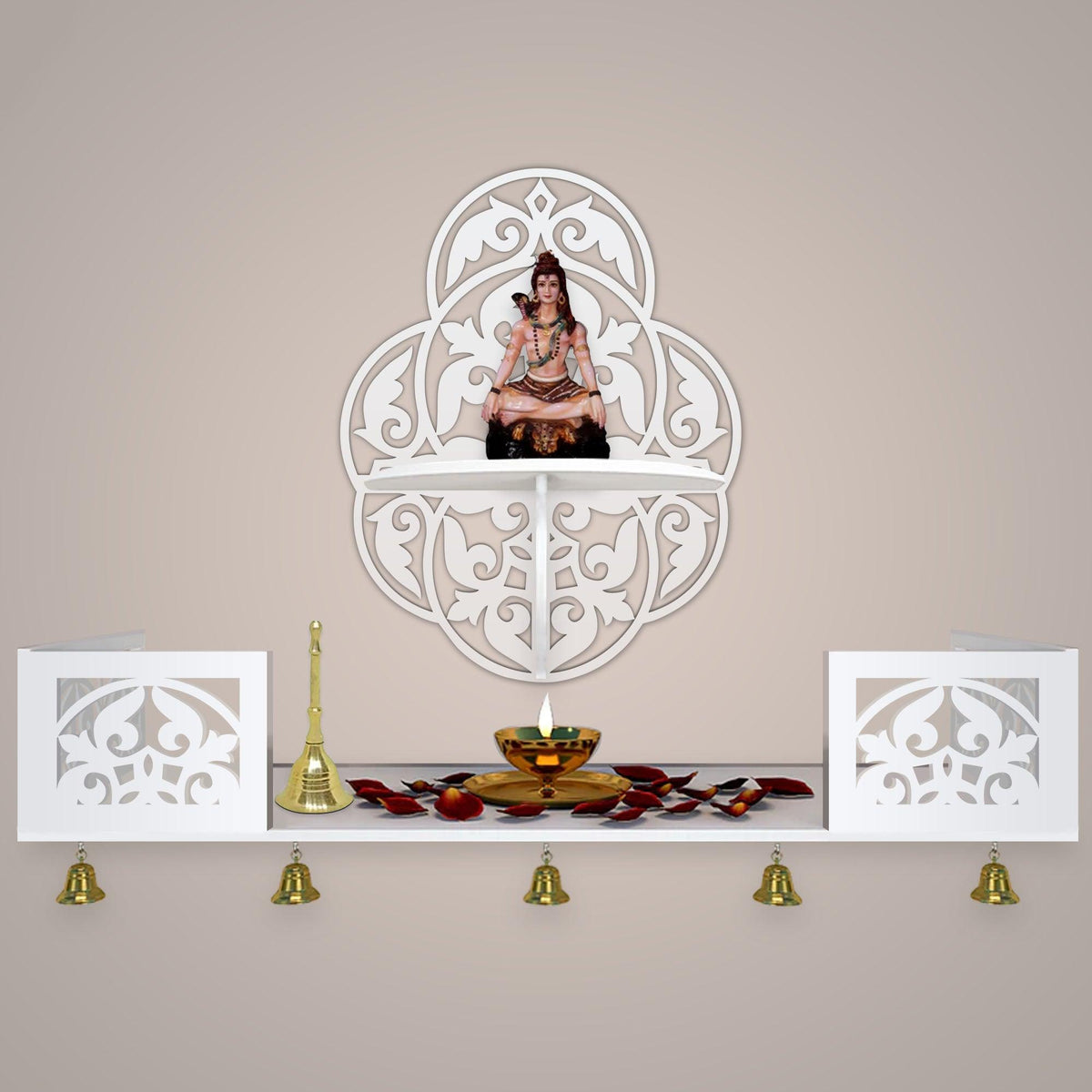 Beautiful Designer Pattern Wall Hanging Wooden Temple/ Pooja Mandir Design with Shelf, White Color - Decor Mantra 