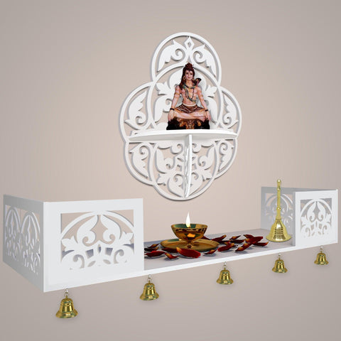 Beautiful Designer Pattern Wall Hanging Wooden Temple/ Pooja Mandir Design with Shelf, White Color - Decor Mantra 